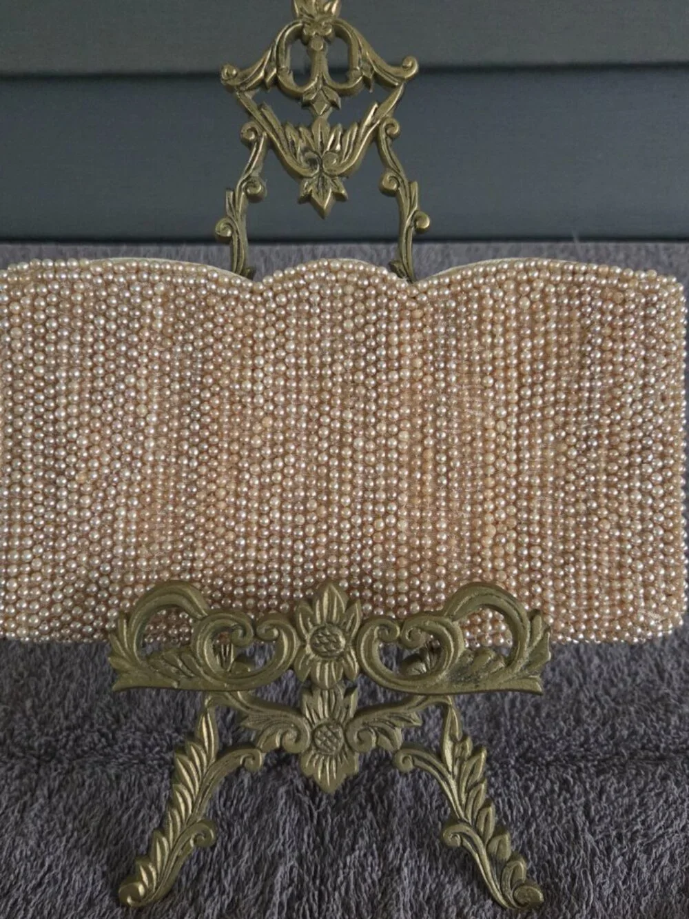 Vintage Japanese Beaded Evening Bag Clutch Ivory Gray Pearls Zip Close 7.5